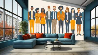 Collection of flat style vector illustrations depicting business people teamwork. Editable stroke Wall mural