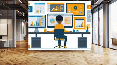 Creative Workspace: Video Conference, modern flat vector concept illustration of person engaging in virtual business meeting Connectivity, collaboration, digital interaction, remote work, productivity Wall mural