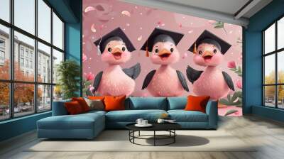 Cute graduate goose character and You Did It lettering in Scandinavian lettering. Geese wearing in graduation hat. Vector isolated illustration Wall mural