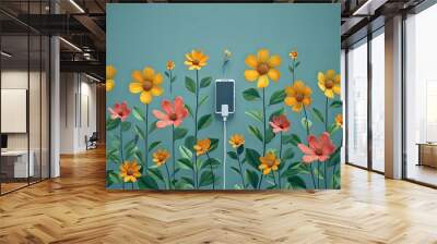 Green energy and clean technology concept illustration. Smartphone plugged into power output depicting as plant growing flourishing full of flower at spring Wall mural