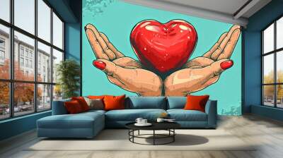 Hands holding a heart. Concept of charity and donation. Colorful vector illustration Wall mural