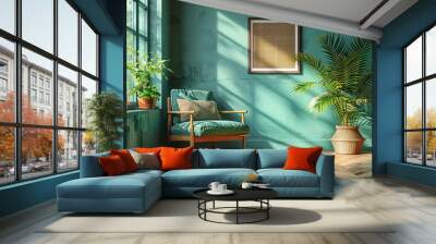 Pastel TV room with green armchair and decoration accessory- 3D rendering Wall mural