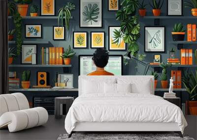 Person working at desk in creative office workspace with plants books and wall art modern interior design Wall mural