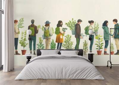 Save planet people poster. Men and women watering plants and picking up trash. Activists and volunteers care about narure and ecology, environment. Cartoon flat vector illustration Wall mural