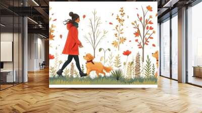 Seamless pattern, people walking with dogs in park. Endless repeating print design, cute puppies and pet owners strolling outdoors. Printable flat vector illustration for textile, fabric, wrapping Wall mural