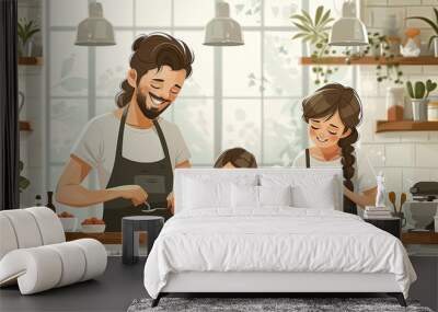 vector, illustration, flat, Happy family cooking in kitchen and serving dining table. Smiling adults and children preparing meals for dinner together. Cute home scene. Colorful vector illustration in  Wall mural