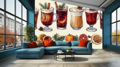 vector, illustration, Hot drinks, bar menu. Mulled wine, winter hot drink top view. Hand drawn sketch. Vector illustration. Christmas design template. Sketch collection. Christmas bar menu. Mulled win Wall mural