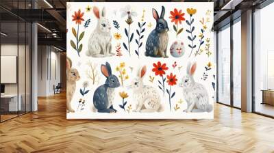 Vibrant collection of naive art style vector illustrations for Easter, featuring abstract rabbit and floral designs alongside bold typographic elements with a spring theme Wall mural