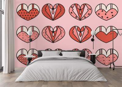 Wedding vector six set, Couple heart, Pink background Wall mural