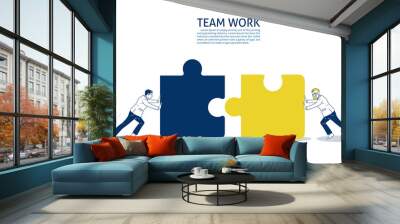 Two businessmen connect two puzzle pieces. hand drawn style vector doodle design illustrations. Wall mural