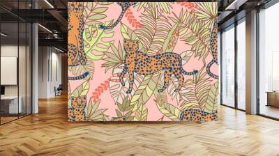 Sophisticated pattern with big cats, cheetahs or leopards on a dusty earthy rose pink and sage green colored ground with tropical leaves Wall mural