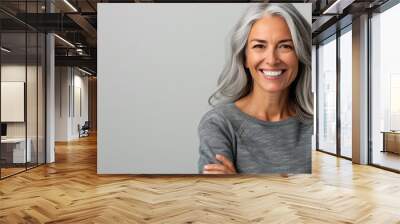 Mid age female with gray hair smile after teeth dental implant procedure. Dentistry concept. banner with white background and copy space Wall mural