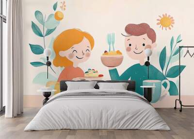 a children eating breakfast with parent, illustrator Wall mural