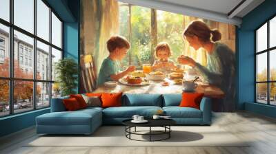 a children eating breakfast with parent, illustrator Wall mural