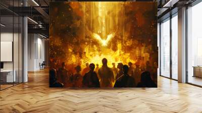 Pentecost. The descent of the Holy Spirit on the followers. People in front of a burning fire with white dove above them. Digital painting Wall mural