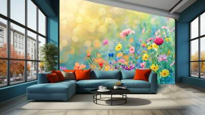 Vibrant floral background with a wildflower meadow, representing the diverse and nurturing nature of mothers. Bright colors, watercolor Wall mural