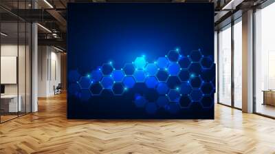 Abstract blue technology connect concept geometric hexagons pattern with glowing light and blank space on dark background vector Wall mural