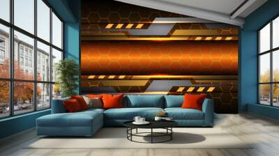 Abstract gold hexagon mesh line light grey metallic geometric cyber shadow orange design modern futuristic technology background vector Wall mural