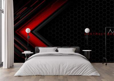 Abstract red grey metal black cyber circuit futuristic technology geometric on hexagon mesh design modern background vector Wall mural