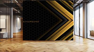 Abstract yellow grey metal black cyber circuit futuristic technology geometric on hexagon mesh design modern background vector Wall mural