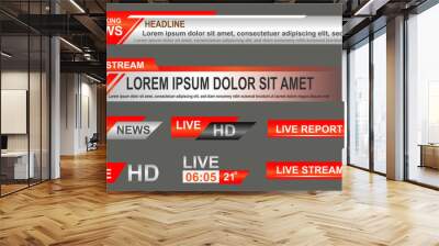 Broadcast News Lower Thirds Template layout red grey set collection design banner for bar Headline news title, sport game in Television, Video and Media Channel vector Wall mural