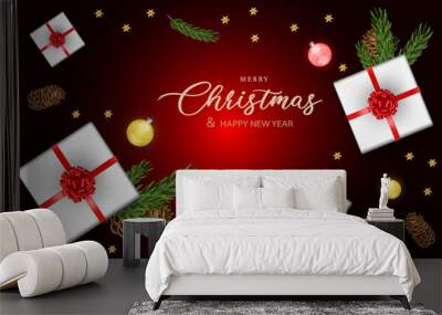 Merry Christmas and Happy New Year green pine leaf gold ball stars gift box on red design for holiday festival celebration background vector Wall mural