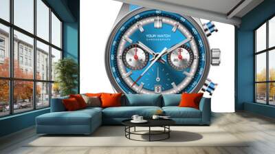 Realistic steel blue clock watch chronograph black red arrow white number design luxury classic for men on isolated background vector Wall mural