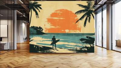 Silhouette Surfer at Sunset with Palm Trees and Ocean Wall mural