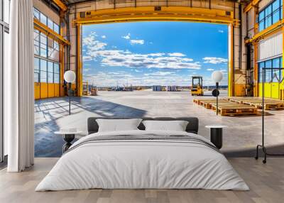 spacious industrial warehouse with large yellow doors open to bright blue sky, showcasing clean and organized interior. sunlight casts dramatic shadows on floor, enhancing vibrant atmosphere Wall mural