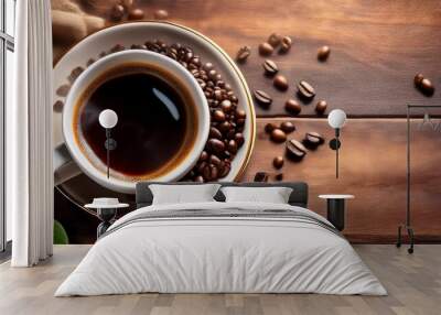 a cup of coffee with beans on a wooden background is shown in this copy space image which does not include any smoke Wall mural