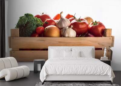 a wooden crate full of vegetables including tomatoes onions and garlic Wall mural