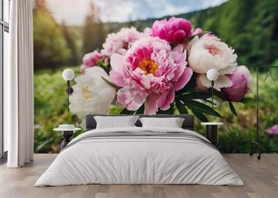 dreamy flower bouquet of pink natural peonies flowers spring and summer season bouquet Wall mural