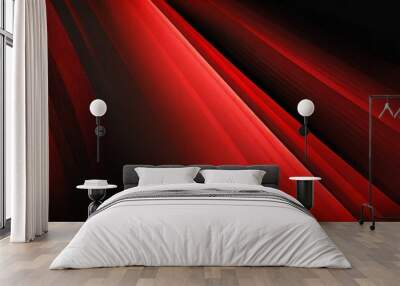 red and black background design with intersecting wavy lines in abstract pattern dramatic spotlight stripe in bright red lighting shines on striped layout Wall mural