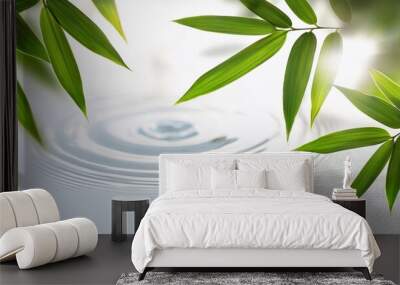 spa background banner with green bamboo leaf on white transparent water wave in sunlight concept with copy space for travel cosmetics and beauty care Wall mural