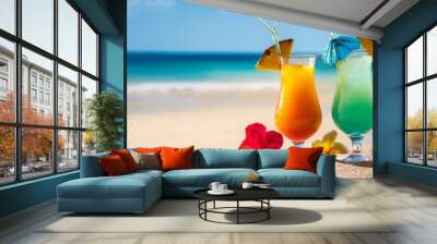 two tropical cocktails on a sandy beach Wall mural