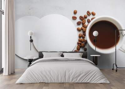 white round empty coasters mockup and cup with coffee beans on white concrete background Wall mural