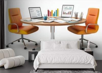 A business meeting concept with a round table and documents, isolated on a white background Wall mural