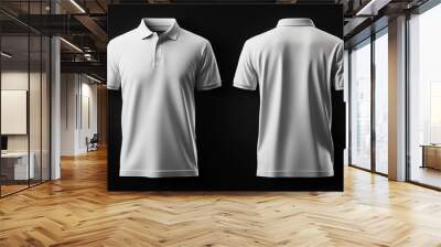 A front and back view mock-up of a plain white polo shirt, isolated on a solid black background Wall mural