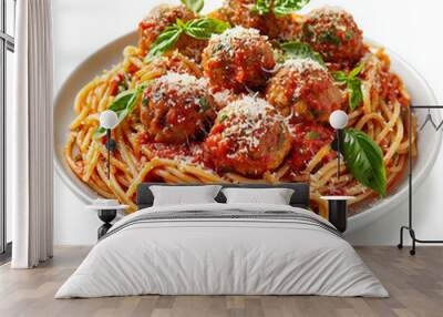 A plate of spaghetti with marinara sauce, meatballs, and grated Parmesan cheese, isolated on a white background Wall mural