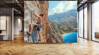 A rock climber scaling a steep cliff, rugged terrain, breathtaking mountain view Wall mural