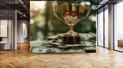 A trophy sitting on top of a large pile of money, isolated on a simple background Wall mural