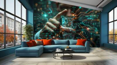 businessman showing semiconductor in hand, semiconductor industry concept Wall mural