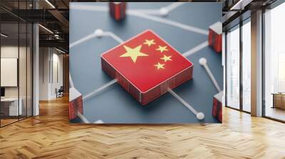 China's Digital Network: A red cube emblazoned with the Chinese flag, connected to a network of binary code cubes. Wall mural