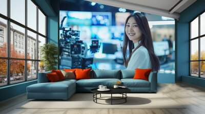 Japanese female news reporter smiles happily in newsroom Wall mural