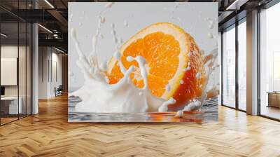 milk splash and orange isolated on white background Wall mural