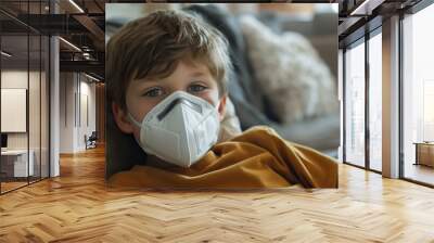 young boy with mask in living room, epidemic and pollution crisis concept Wall mural