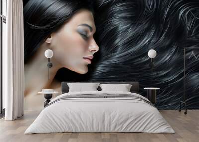 Elegant Portrait of a Woman with perfect skin and long, shiny black hair. Wall mural