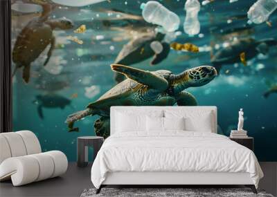 green sea turtle swimming with floating plastic bottle waste in the sea Wall mural