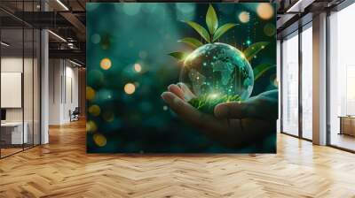 hand holding a glass globe and leaves Wall mural