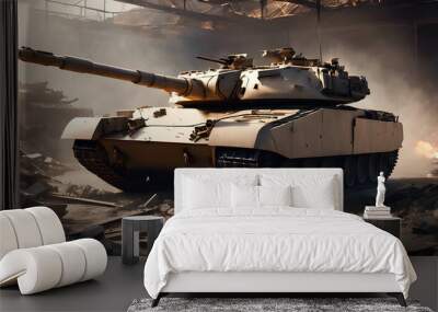 Heavy Battle Tank in War-Torn Urban Environment Wall mural